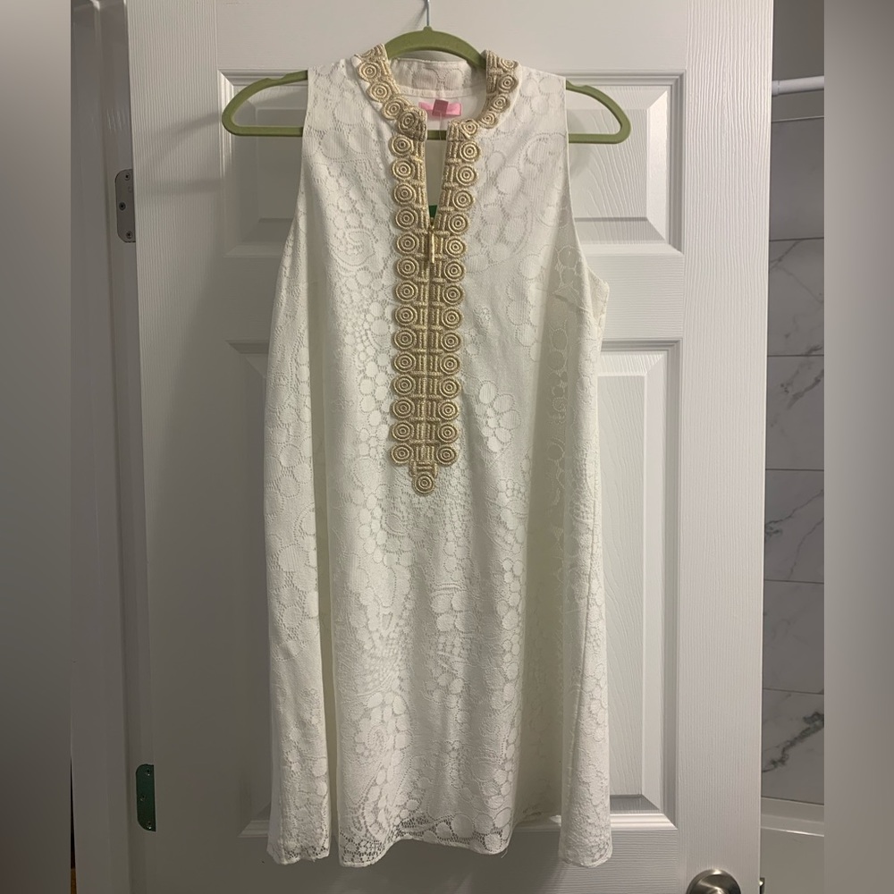 Lilly Pulitzer white lace shift with gold embroidered detailing